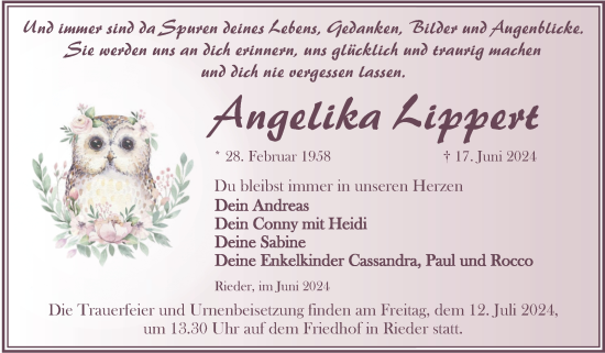 Traueranzeige von Angelika Lippert von Trauerkombi Quedlinburg