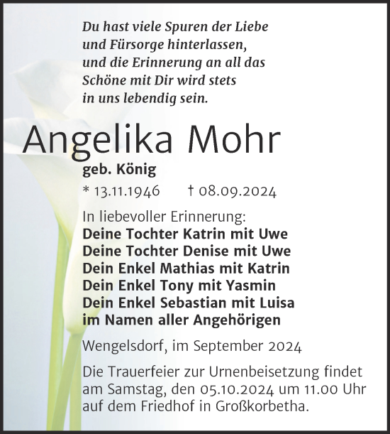 Traueranzeige von Angelika Mohr von Trauerkombi Weißenfels