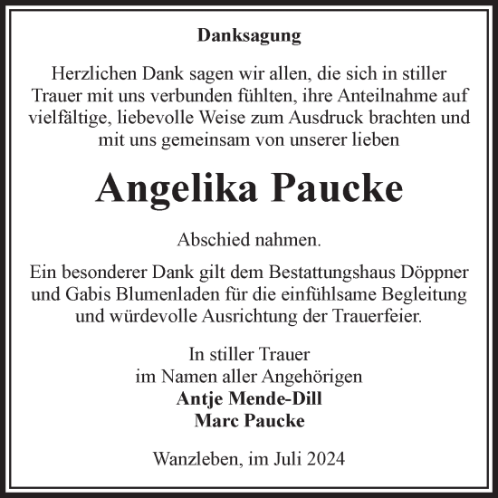 Traueranzeige von Angelika Paucke von Volksstimme Oschersleben/Wanzleben