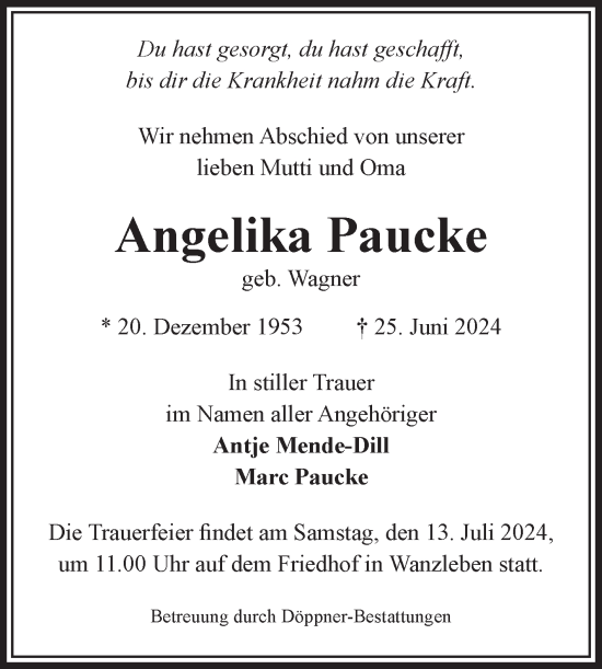 Traueranzeige von Angelika Paucke von Volksstimme Oschersleben/Wanzleben