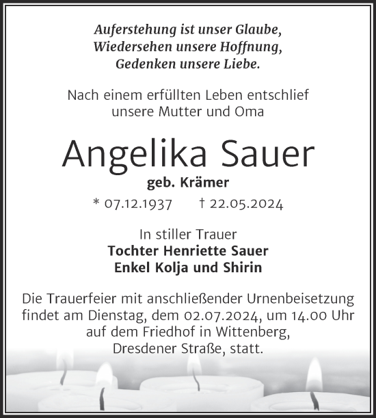 Traueranzeige von Angelika Sauer von Trauerkombi Wittenberg