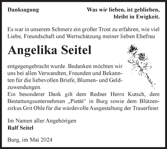 Traueranzeige von Angelika Seitel von Volksstimme Burg/Genthin