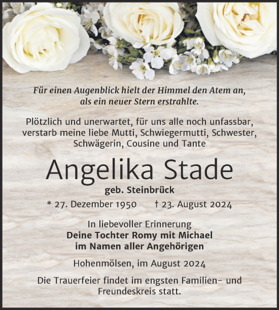 Traueranzeige von Angelika Stade von Trauerkombi Weißenfels