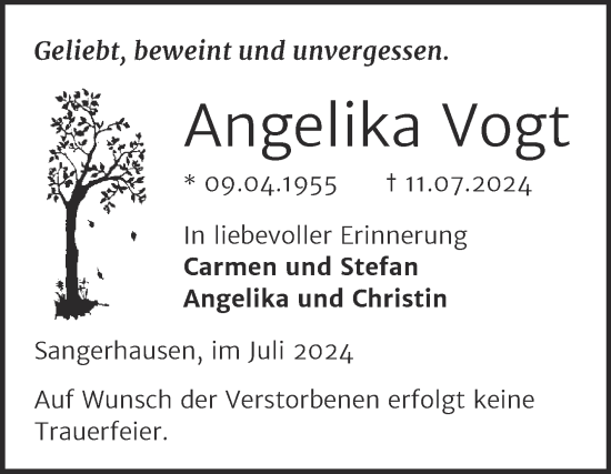 Traueranzeige von Angelika Vogt von Trauerkombi Sangerhausen