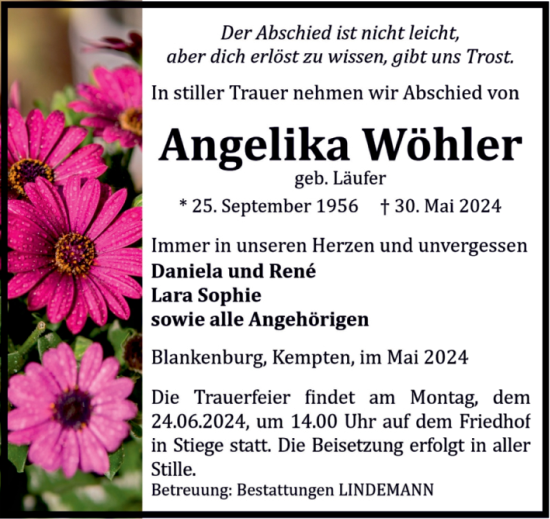 Traueranzeige von Angelika Wöhler von Volksstimme Wernigerode