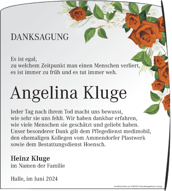 Traueranzeige von Angelina Kluge von Mitteldeutsche Zeitung Halle/Saalkreis