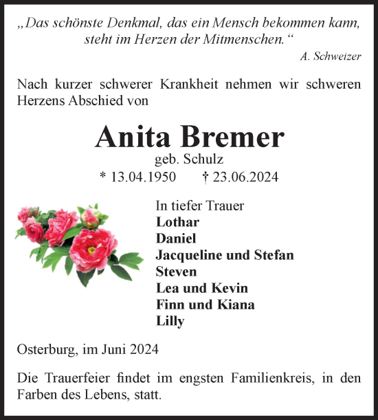 Traueranzeige von Anita Bremer von Volksstimme Altmark Ost