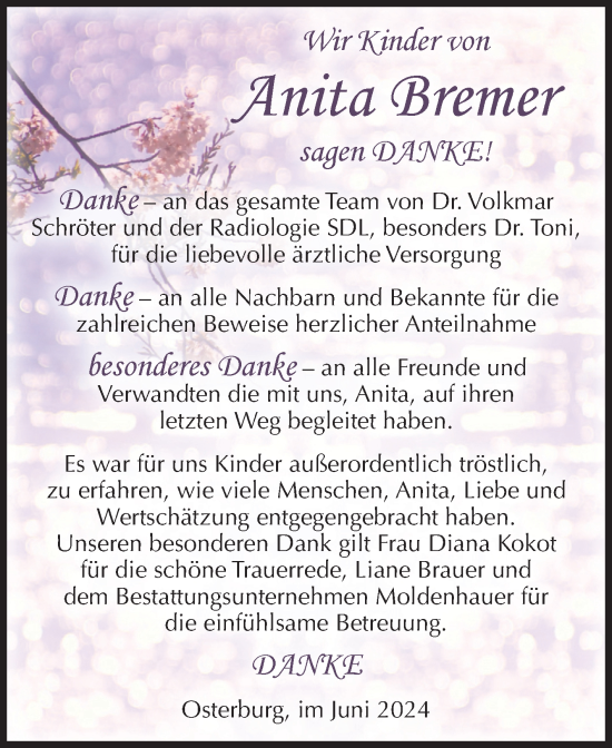 Traueranzeige von Anita Bremer von Volksstimme Altmark Ost