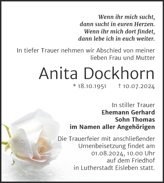 Traueranzeige von Anita Dockhorn von Trauerkombi Mansfelder Land