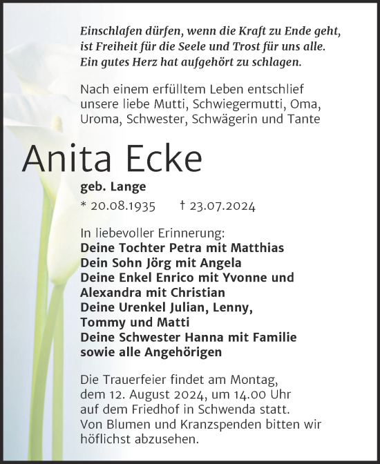 Traueranzeige von Anita Ecke von Trauerkombi Sangerhausen