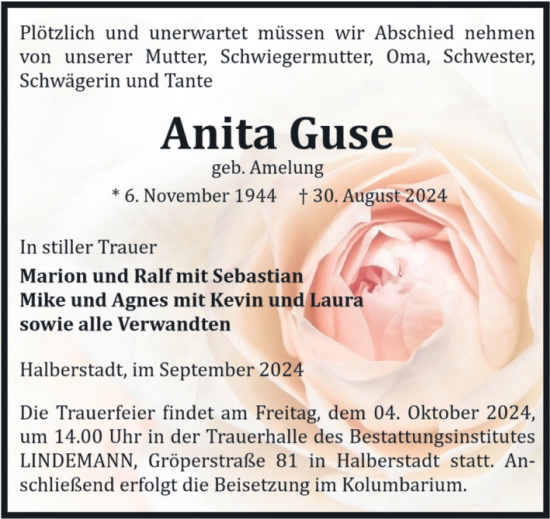 Traueranzeige von Anita Guse von Volksstimme Halberstadt