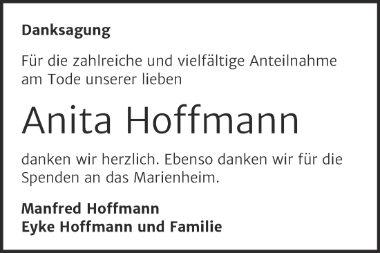 Traueranzeige von Anita Hoffmann von Trauerkombi Dessau