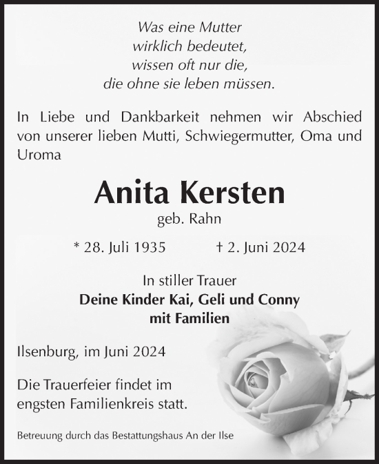 Traueranzeige von Anita Kersten von Volksstimme Wernigerode