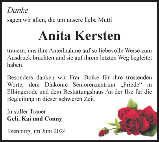 Traueranzeige von Anita Kersten von Volksstimme Wernigerode