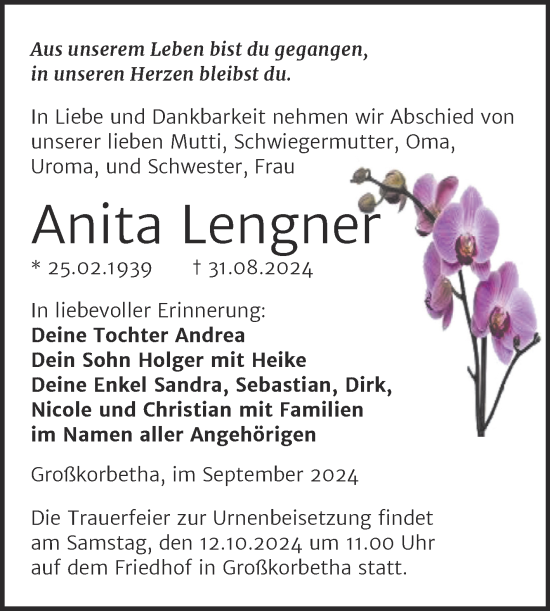 Traueranzeige von Anita Lengner von Trauerkombi Weißenfels