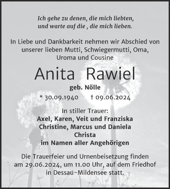 Traueranzeige von Anita Rawiel von Trauerkombi Dessau