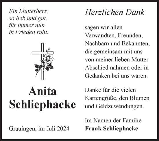 Traueranzeige von Anita Schliephacke von Volksstimme Haldensleben/Wolmirstedt