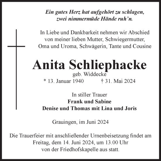 Traueranzeige von Anita Schliephacke von Volksstimme Altmark West