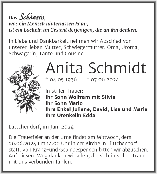 Traueranzeige von Anita Schmidt von Trauerkombi Mansfelder Land
