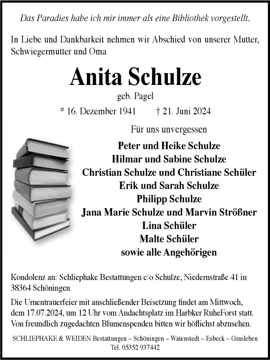 Traueranzeige von Anita Schulze von Volksstimme Oschersleben/Wanzleben