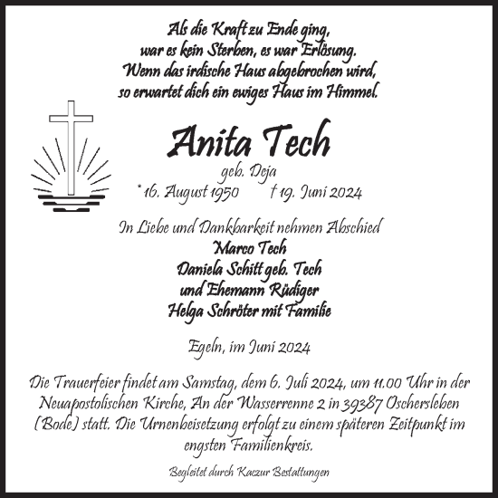 Traueranzeige von Anita Tech von Volksstimme Staßfurt