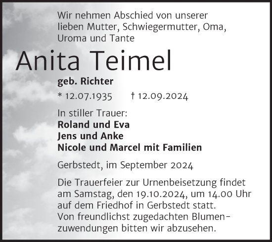 Traueranzeige von Anita Teimel von Trauerkombi Mansfelder Land