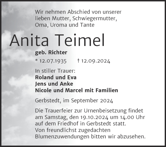 Traueranzeige von Anita Teimel von Trauerkombi Mansfelder Land