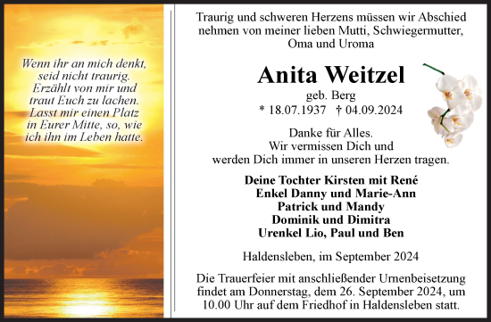 Traueranzeige von Anita Weitzel von Volksstimme Haldensleben/Wolmirstedt
