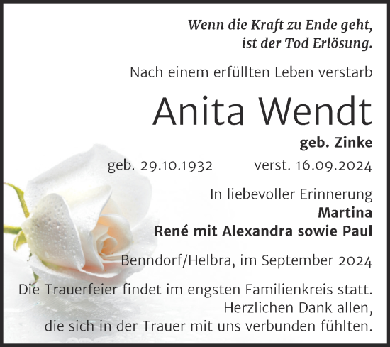 Traueranzeige von Anita Wendt von Mitteldeutsche Zeitung Mansfelder Land