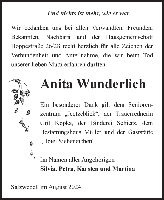 Traueranzeige von Anita Wunderlich von Volksstimme Altmark West