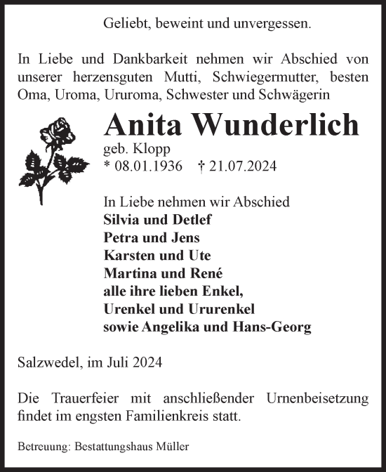 Traueranzeige von Anita Wunderlich von Volksstimme Altmark West
