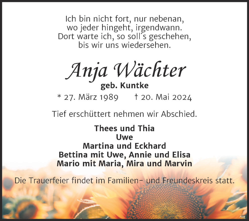  Traueranzeige für Anja Wächter vom 01.06.2024 aus Trauerkombi Zeitz