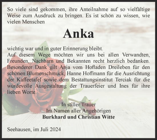 Traueranzeige von Anka  von Volksstimme Oschersleben/Wanzleben