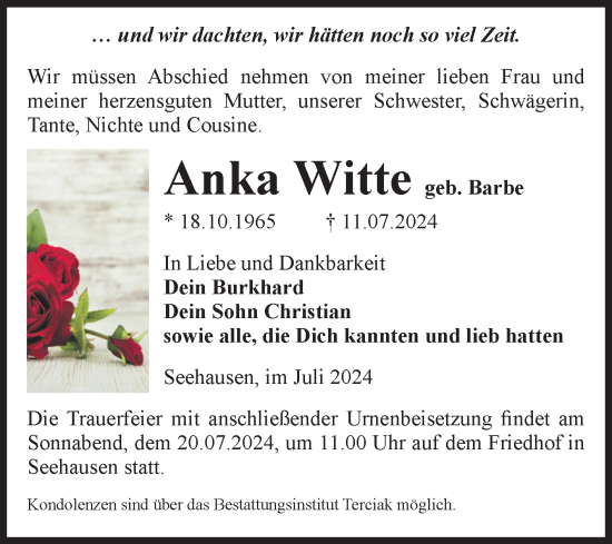 Traueranzeige von Anka Witte von Volksstimme Oschersleben/Wanzleben