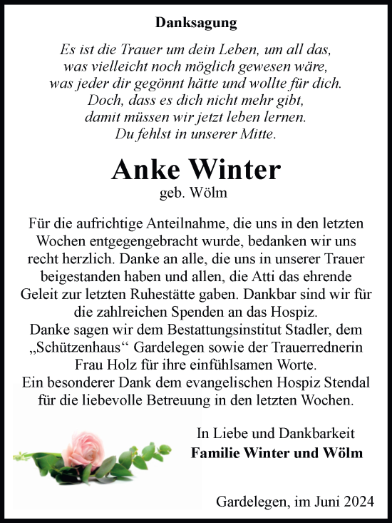 Traueranzeige von Anke Winter von Volksstimme Altmark West