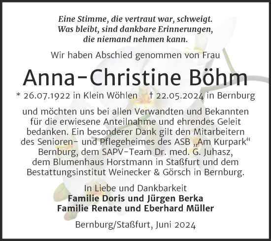 Traueranzeige von Anna-Christine Böhm von Trauerkombi Bernburg