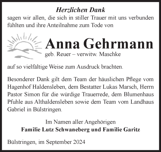 Traueranzeige von Anna Gehrmann von Volksstimme Haldensleben/Wolmirstedt