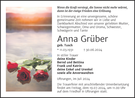 Traueranzeige von Anna Grüber von Trauerkombi Sangerhausen