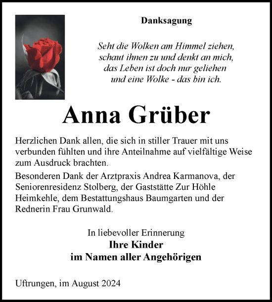 Traueranzeige von Anna Grüber von Trauerkombi Sangerhausen