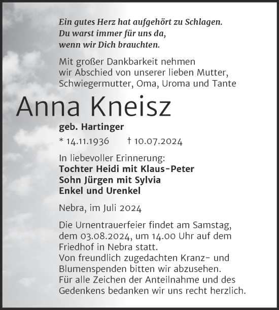 Traueranzeige von Anna Kneisz von Super Sonntag Naumburg/Nebra