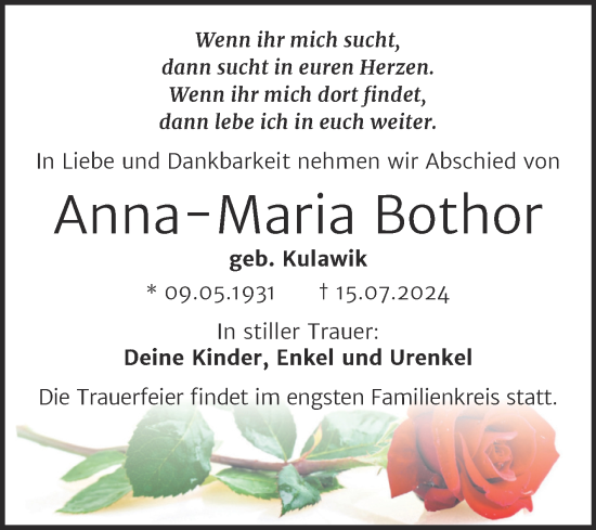 Traueranzeige von Anna-Maria Bothor von Trauerkombi Bitterfeld
