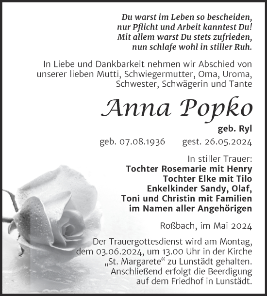 Traueranzeige von Anna Popko von Trauerkombi Merseburg