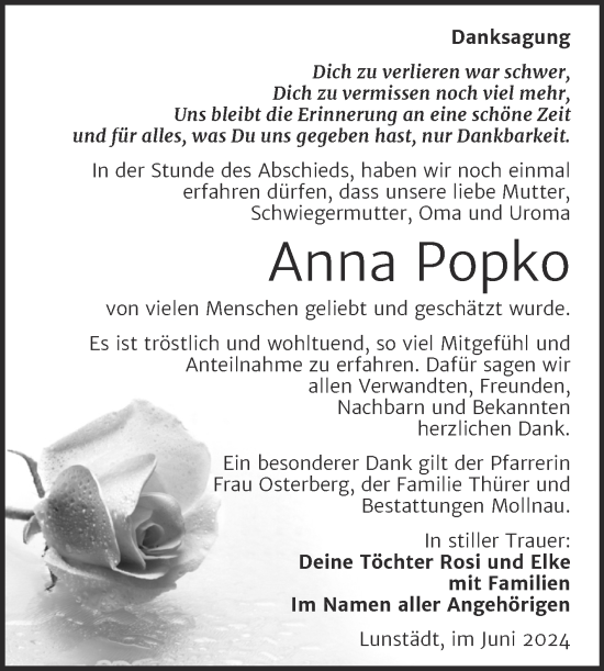 Traueranzeige von Anna Popko von Trauerkombi Merseburg