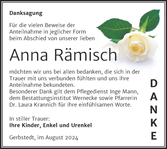 Traueranzeige von Anna Rämisch von Trauerkombi Mansfelder Land
