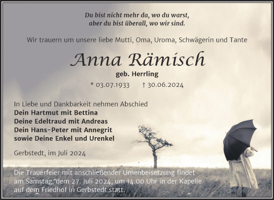 Traueranzeige von Anna Rämisch von Trauerkombi Mansfelder Land