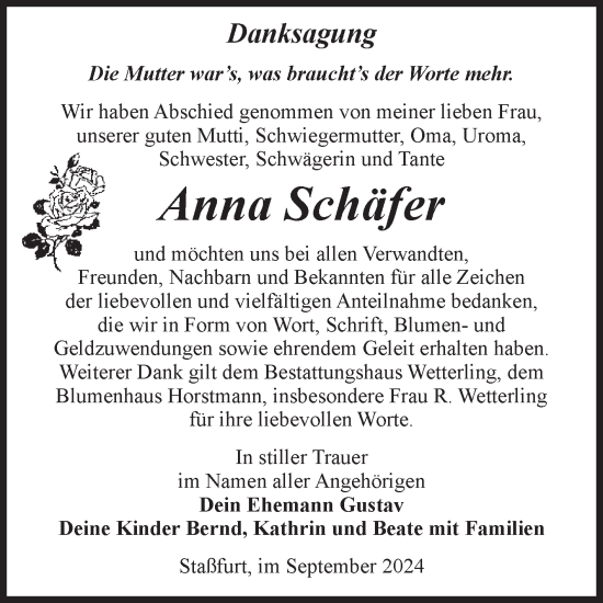 Traueranzeige von Anna Schäfer von Volksstimme Staßfurt