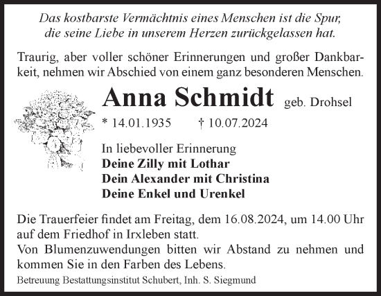 Traueranzeige von Anna Schmidt von Volksstimme Haldensleben/Wolmirstedt