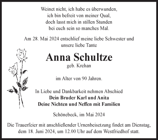 Traueranzeige von Anna Schultze von Volksstimme Schönebeck