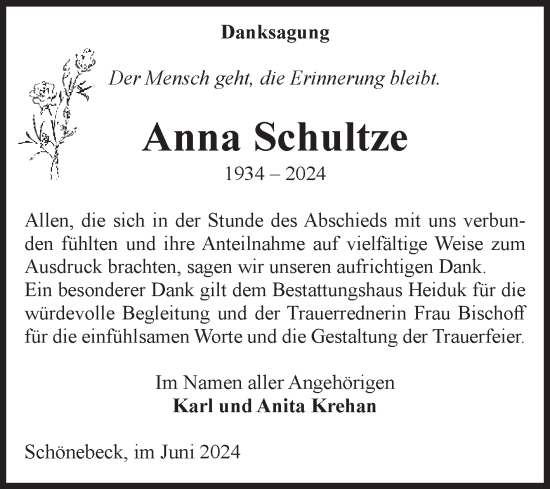 Traueranzeige von Anna Schultze von Volksstimme Schönebeck