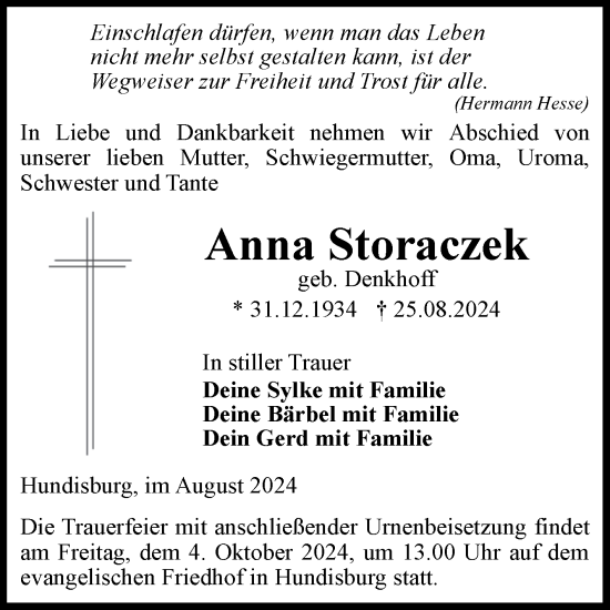Traueranzeige von Anna Storaczek von Volksstimme Haldensleben/Wolmirstedt